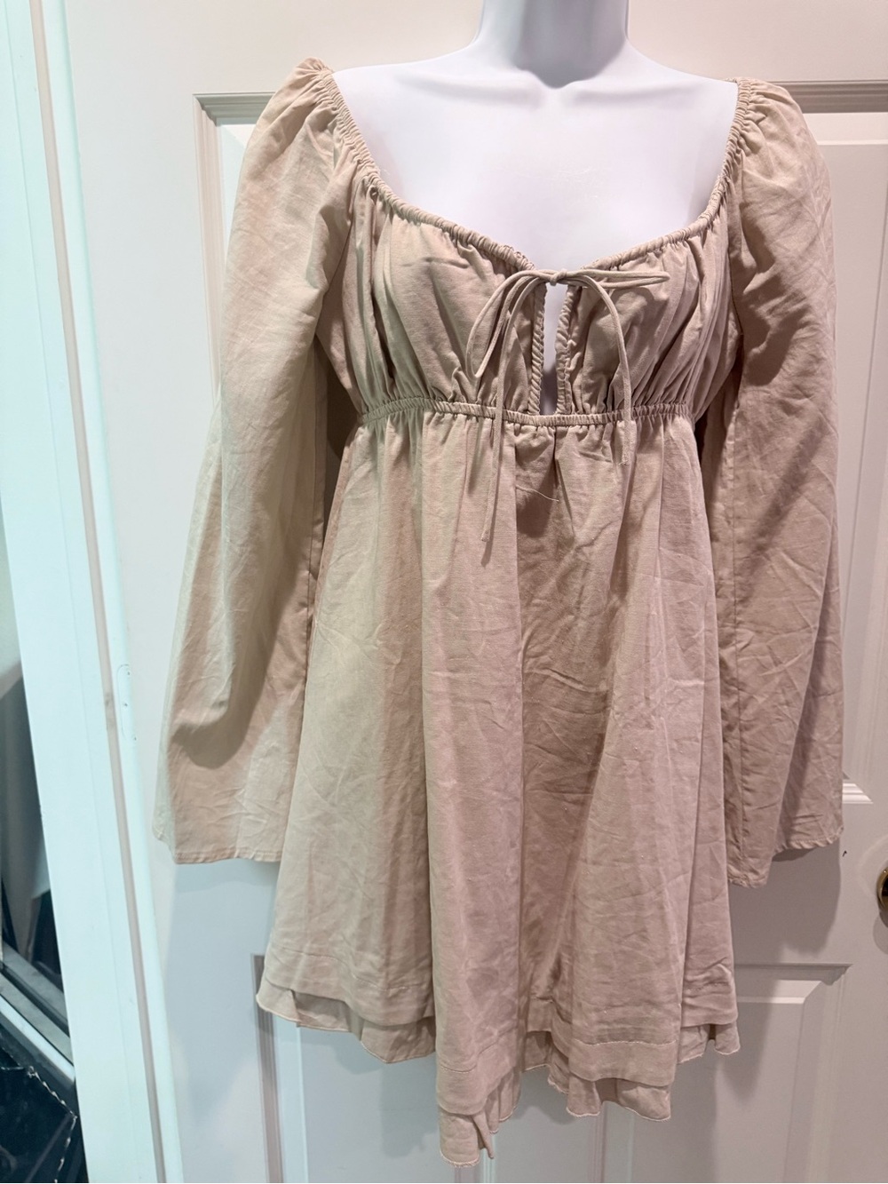 Beige Long-Sleeve Peasant Mini Dress with Tie Front - Picture 2 of 7